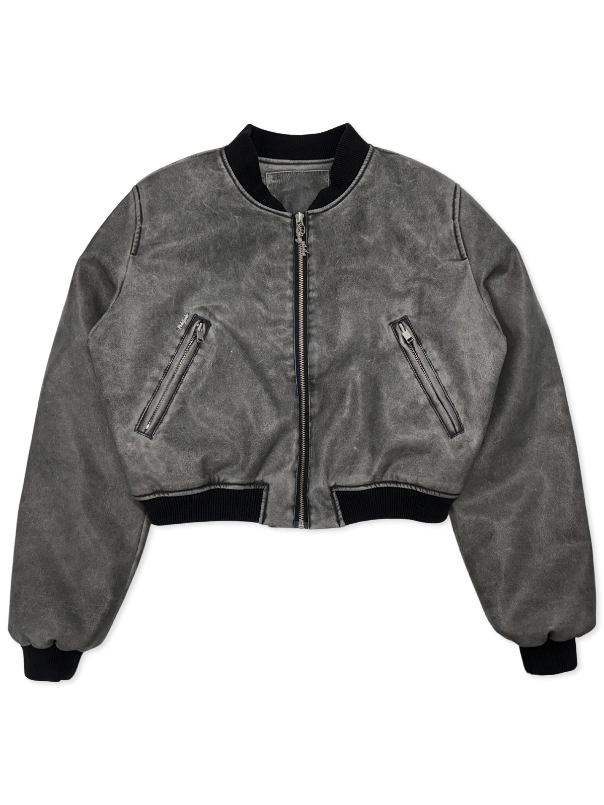 Leather Crop Padded Bomber In Black